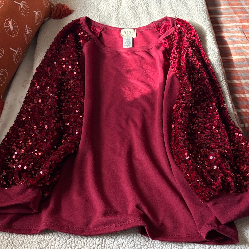 BiBi Maroon Sequin Sleeve Top